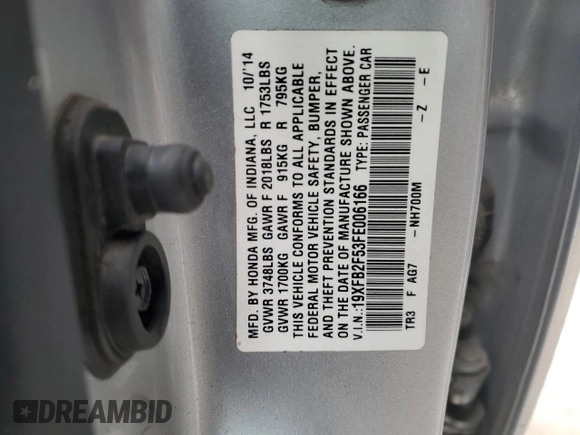 2015 Honda Civic Sedan LX with VIN 19XFB2F53FE006166, listed as a Copart auction lot 45543635 with 159,965 mi miles and Salvage Title. Bid and sale history available at carsss.com. Image 14.