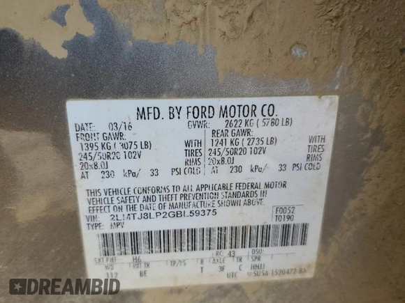 2016 Lincoln MKX Reserve with VIN 2LMTJ8LP2GBL59375, listed as a Copart auction lot 48357065 with 198,357 mi miles and Salvage Title. Bid and sale history available at DreamBid. Image 15.