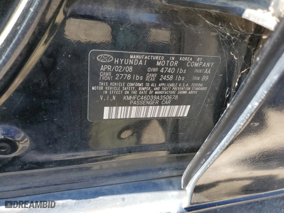 2009 Hyundai Azera GLS with VIN KMHFC46D39A350678, listed as a Copart auction lot 68892514 with 0 mi miles and Salvage Title. Bid and sale history available at carsss.com. Image 13.