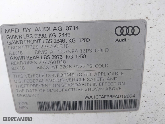 2015 Audi Q5 Premium with VIN WA1CFAFP6FA018604, listed as a IAAI auction lot 41919068 with 119,370 mi miles. Bid and sale history available at carsss.com. Image 9.
