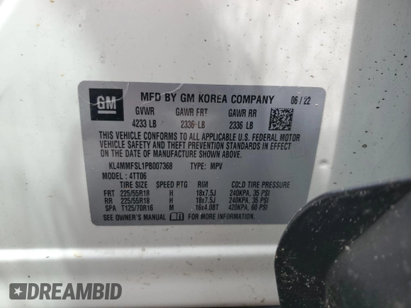 2023 Buick Encore GX Essence with VIN KL4MMFSL1PB007368, listed as a Copart auction lot 57029995 with Not provided miles and Salvage title. Bid and sale history available at DreamBid. Image 13.