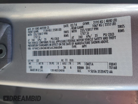 2014 Ford Escape SE с VIN 1FMCU9G93EUC56056, выставлен на аукционе Copart как лот 49608505 с пробегом 173 634 миль миль и Чистый • Clean title. История ставок и продаж доступна на DreamBid. Изображение 14.