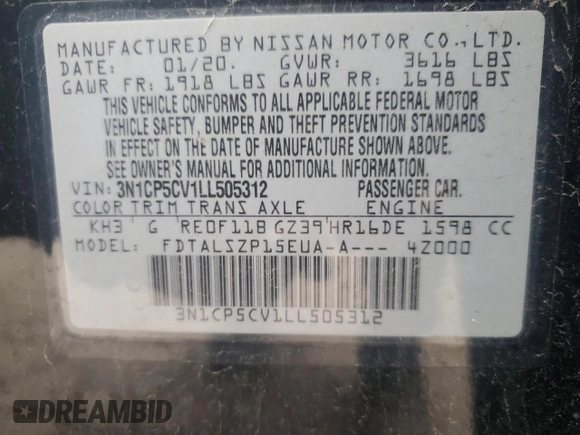 2020 Nissan Kicks SV z VIN 3N1CP5CV1LL505312, wystawiony jako Copart lot #55481395 z przebiegiem 92 437 mil mil oraz Szkoda całkowita • Salvage title. Historia ofert i sprzedaży dostępna na DreamBid. Obrazek 13.