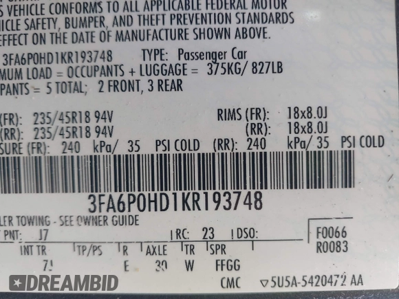 2019 Ford Fusion SE with VIN 3FA6P0HD1KR193748, listed as a IAAI auction lot 41889847 with 106,223 mi miles. Bid and sale history available at carsss.com. Image 9.