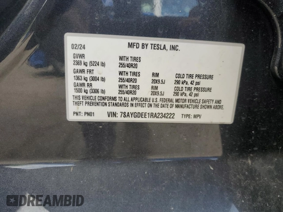 2024 Tesla Model Y Long Range с VIN 7SAYGDEE1RA234222, выставлен на аукционе Copart как лот 55139025 с пробегом 17 829 миль миль и Списание • Salvage title. История ставок и продаж доступна на DreamBid. Изображение 12.