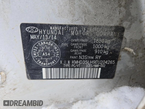 2014 Hyundai Elantra with VIN KMHD35LH9EU204265, listed as a Copart auction lot 45653695 with 119,139 mi miles and Salvage Title. Bid and sale history available at DreamBid. Image 12.