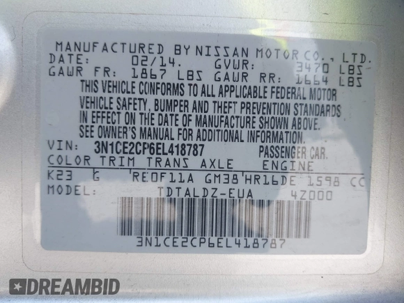 2014 Nissan Note SV with VIN 3N1CE2CP6EL418787, listed as a IAAI auction lot 42540009 with 99,508 mi miles and . Bid and sale history available at DreamBid. Image 9.