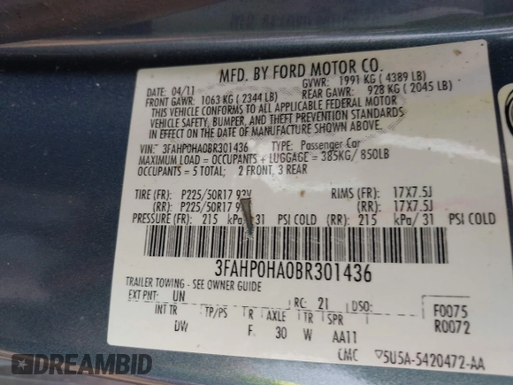 2011 Ford Fusion SE with VIN 3FAHP0HA0BR301436, listed as a IAAI auction lot 42035534 with 101,525 mi miles. Bid and sale history available at carsss.com. Image 9.