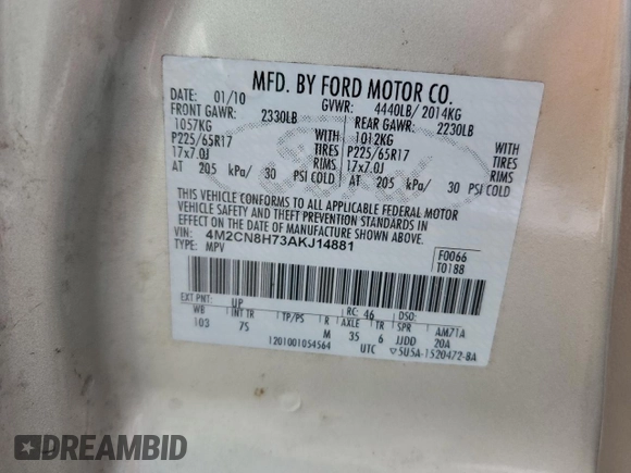 2010 Mercury Mariner Premier с VIN 4M2CN8H73AKJ14881, выставлен на аукционе Copart как лот 59845865 с пробегом 211 359 миль миль и Чистый • Clean title. История ставок и продаж доступна на DreamBid. Изображение 13.