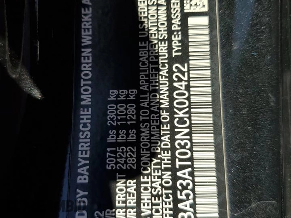 2022 BMW 4 Series M440i with VIN WBA53AT03NCK00422, listed as a Copart auction lot 74346904 with Not provided miles and Non repairable. Bid and sale history available at DreamBid. Image 13.