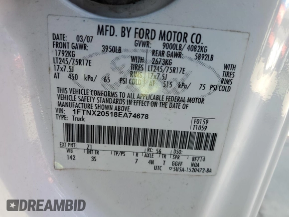 2008 Ford Super Duty F-250 SRW XL with VIN 1FTNX20518EA74678, listed as a Copart auction lot 50978195 with 190,786 mi miles and Clean Title. Bid and sale history available at carsss.com. Image 12.