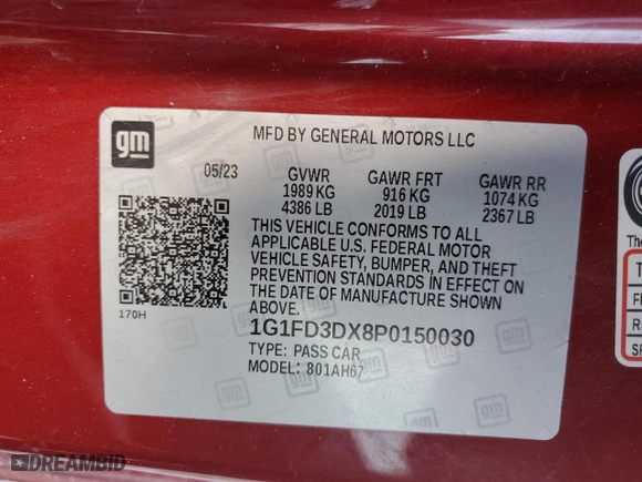 2023 Chevrolet Camaro 2LT with VIN 1G1FD3DX8P0150030, listed as a Copart auction lot 41907095 with 8,105 mi miles and Salvage Title. Bid and sale history available at carsss.com. Image 12.