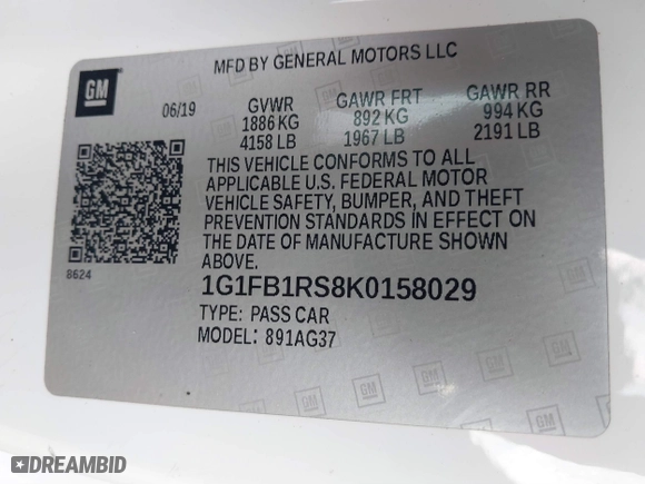 2019 Chevrolet Camaro 1LT with VIN 1G1FB1RS8K0158029, listed as a IAAI auction lot 41039740 with 141,172 mi miles. Bid and sale history available at carsss.com. Image 9.