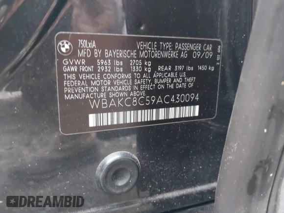 2010 BMW 7 Series 750Li xDrive with VIN WBAKC8C59AC430094, listed as a IAAI auction lot 42088730 with 169,985 mi miles and . Bid and sale history available at DreamBid. Image 9.