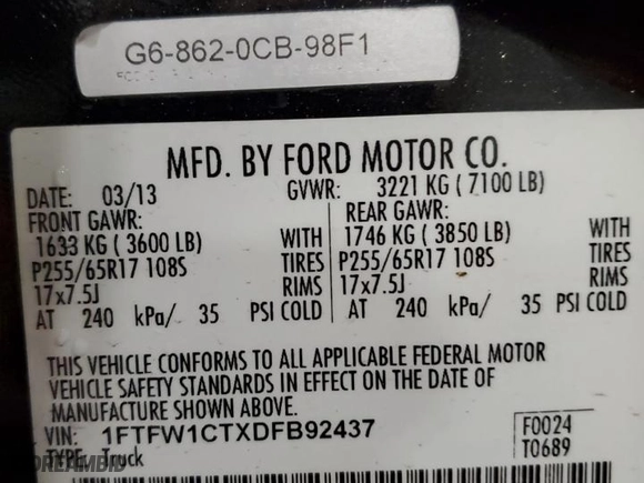 2013 Ford F-150 XL with VIN 1FTFW1CTXDFB92437, listed as a Copart auction lot 43697815 with 163,284 mi miles and Clean Title. Bid and sale history available at carsss.com. Image 12.