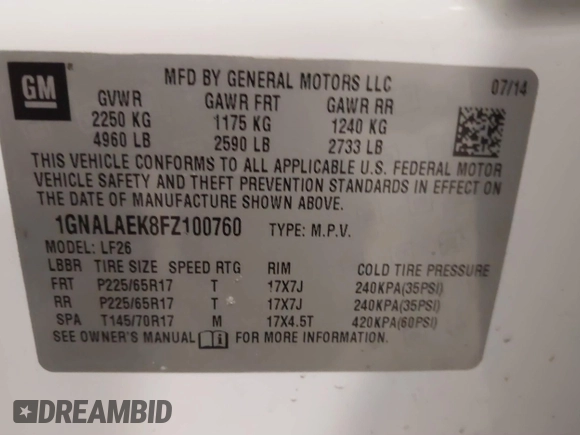 2015 Chevrolet Equinox LS with VIN 1GNALAEK8FZ100760, listed as a IAAI auction lot 41655612 with 97,550 mi miles and . Bid and sale history available at DreamBid. Image 9.