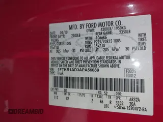 2010 Ford Ranger XL with VIN 1FTKR1AD3APA56089, listed as a IAAI auction lot 41955244 with 296,246 mi miles and . Bid and sale history available at DreamBid. Image 9.