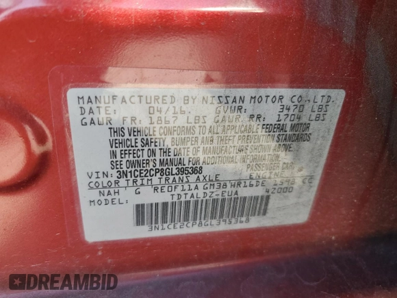 2016 Nissan Note S with VIN 3N1CE2CP8GL395368, listed as a Copart auction lot 43462735 with 63,716 mi miles and Salvage Title. Bid and sale history available at DreamBid. Image 12.
