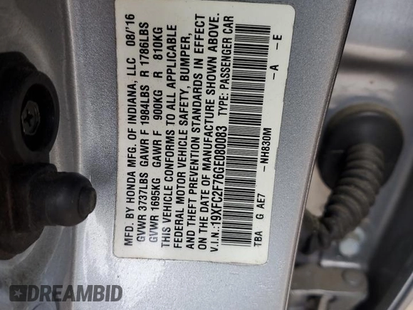 2016 Honda Civic EX with VIN 19XFC2F76GE080083, listed as a Copart auction lot 54966345 with 163,969 mi miles and Salvage Title. Bid and sale history available at DreamBid. Image 12.