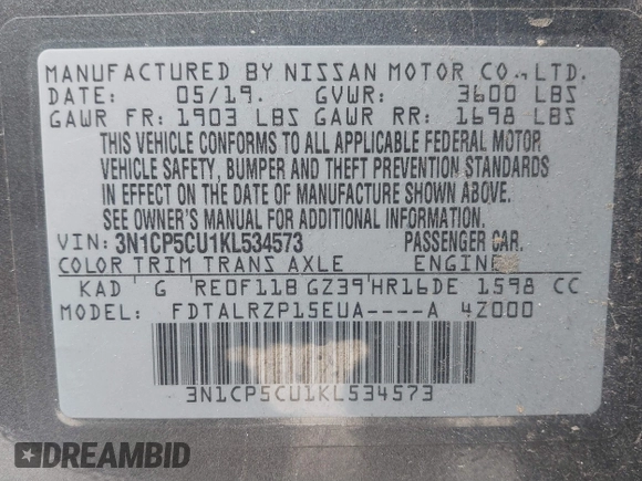 2019 Nissan Kicks SV with VIN 3N1CP5CU1KL534573, listed as a IAAI auction lot 39215072 with 55,489 mi miles. Bid and sale history available at carsss.com. Image 9.