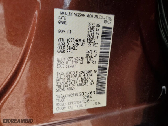 2018 Nissan Titan SV with VIN 1N6AA1E69JN504763, listed as a Copart auction lot 42123085 with 0 mi miles and Salvage Title. Bid and sale history available at carsss.com. Image 12.