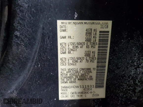2019 Nissan Titan XD SL with VIN 1N6BA1F42KN511931, listed as a Copart auction lot 43820995 with 249,306 mi miles and Salvage Title. Bid and sale history available at carsss.com. Image 12.