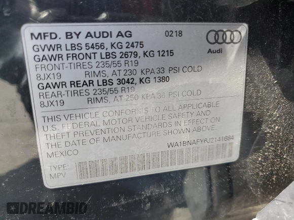 2018 Audi Q5 Premium Plus with VIN WA1BNAFY6J2141684, listed as a Copart auction lot 51249225 with 67,727 mi miles and Salvage Title. Bid and sale history available at carsss.com. Image 13.