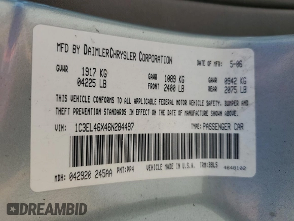 2006 Chrysler Sebring with VIN 1C3EL46X46N284497, listed as a Copart auction lot 57461725 with Not provided miles and Salvage title. Bid and sale history available at DreamBid. Image 12.