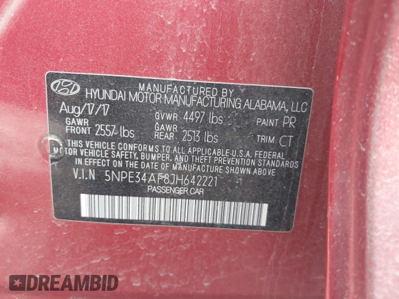2018 Hyundai Sonata Limited with VIN 5NPE34AF8JH642221, listed as a IAAI auction lot 41720060 with 45,998 mi miles. Bid and sale history available at carsss.com. Image 9.