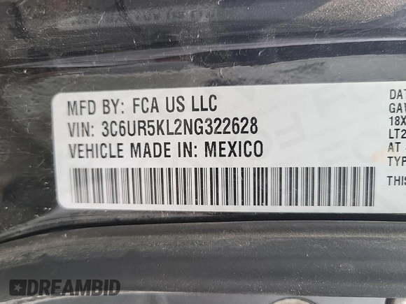2022 Ram 2500 Laramie with VIN 3C6UR5KL2NG322628, listed as a IAAI auction lot 42726901 with 84,704 mi miles and . Bid and sale history available at DreamBid. Image 11.
