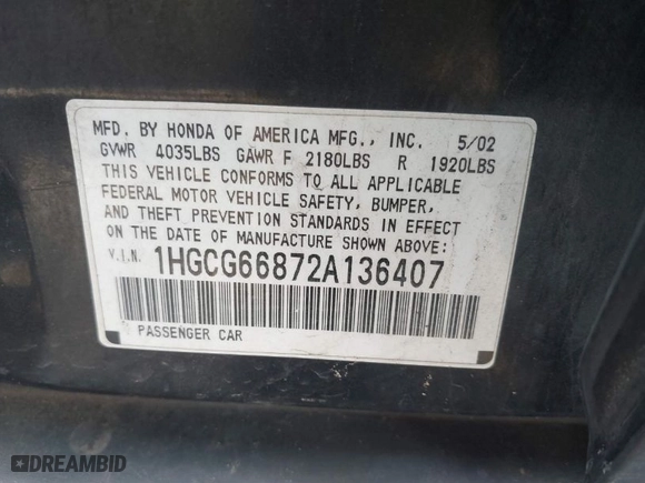 2002 Honda Accord Sdn SE with VIN 1HGCG66872A136407, listed as a IAAI auction lot 41681336 with 232,200 mi miles. Bid and sale history available at carsss.com. Image 9.