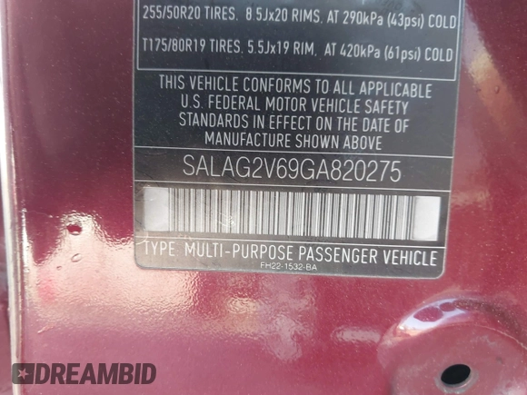 2016 Land Rover LR4 HSE with VIN SALAG2V69GA820275, listed as a IAAI auction lot 41336167 with Not provided miles and . Bid and sale history available at DreamBid. Image 9.