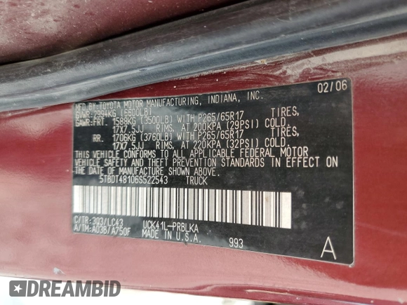 2006 Toyota Tundra Limited with VIN 5TBDT48106S522543, listed as a Copart auction lot 51677255 with 277,623 mi miles and Salvage Title. Bid and sale history available at DreamBid. Image 12.