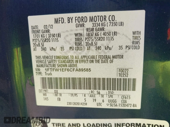 2012 Ford F-150 XL z VIN 1FTFW1EF6CFA89585, wystawiony jako IAAI lot #42247776 z przebiegiem 195 465 mil mil oraz . Historia ofert i sprzedaży dostępna na DreamBid. Obrazek 9.