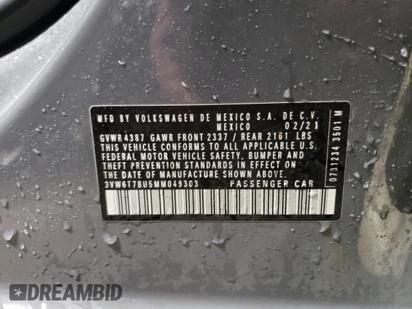 2021 Volkswagen Jetta S with VIN 3VW6T7BU5MM049303, listed as a Copart auction lot 51850345 with 88,691 mi miles and Salvage title. Bid and sale history available at DreamBid. Image 13.