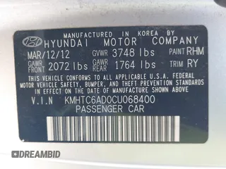 2012 Hyundai Veloster w/Gray Int with VIN KMHTC6AD0CU068400, listed as a IAAI auction lot 41493521 with 72,682 mi miles and . Bid and sale history available at DreamBid. Image 9.