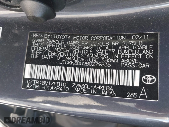 2011 Toyota Prius I with VIN JTDKN3DU2B0279835, listed as a IAAI auction lot 42261649 with 201,749 mi miles and . Bid and sale history available at DreamBid. Image 9.