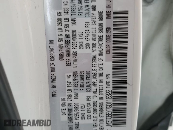 2016 Mazda CX-9 Signature with VIN JM3TCBEY7G0118322, listed as a Copart auction lot 54826655 with 123,618 mi miles and Salvage title. Bid and sale history available at DreamBid. Image 13.