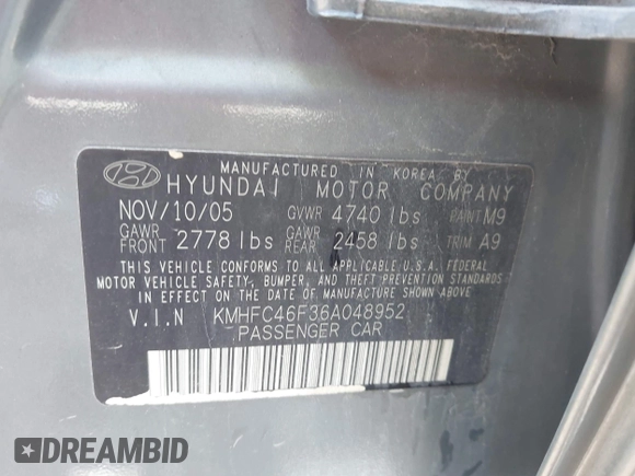 2006 Hyundai Azera SE with VIN KMHFC46F36A048952, listed as a IAAI auction lot 42522719 with 144,155 mi miles and . Bid and sale history available at DreamBid. Image 9.
