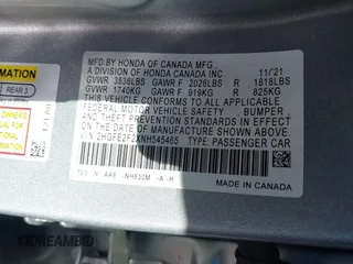 2022 Honda Civic Sedan LX with VIN 2HGFE2F2XNH545465, listed as a IAAI auction lot 41571131 with 43,866 mi miles. Bid and sale history available at carsss.com. Image 9.
