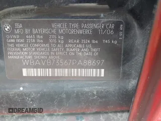 2007 BMW 3 Series 335i with VIN WBAVB73567PA88697, listed as a IAAI auction lot 41748131 with 143,519 mi miles. Bid and sale history available at carsss.com. Image 9.