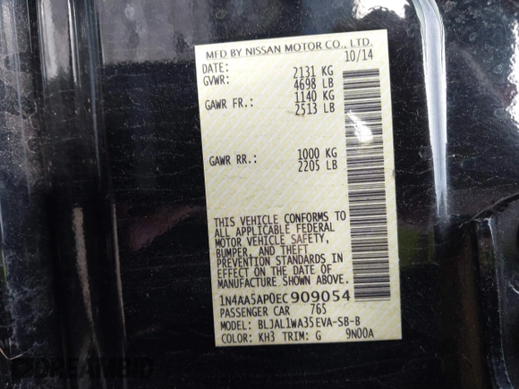2014 Nissan Maxima S with VIN 1N4AA5AP0EC909054, listed as a IAAI auction lot 41581084 with 68,667 mi miles and . Bid and sale history available at DreamBid. Image 9.