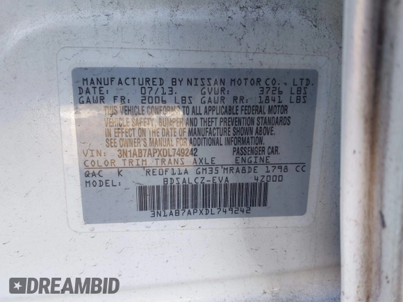 2013 Nissan Sentra FE+ S with VIN 3N1AB7APXDL749242, listed as a IAAI auction lot 41434169 with 83,040 mi miles and . Bid and sale history available at DreamBid. Image 9.