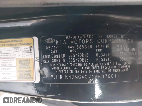 2011 Kia Sedona LX with VIN KNDMG4C71B6376011, listed as a IAAI auction lot 41600258 with 162,025 mi miles. Bid and sale history available at carsss.com. Image 9.
