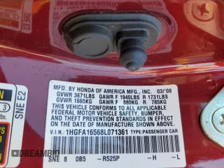 2008 Honda Civic LX z VIN 1HGFA16568L071361, wystawiony jako Copart lot #57340675 z przebiegiem 186 658 mil mil oraz Szkoda całkowita • Salvage title. Historia ofert i sprzedaży dostępna na DreamBid. Obrazek 12.