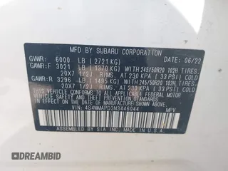 2022 Subaru Ascent Limited with VIN 4S4WMAPD3N3446044, listed as a IAAI auction lot 42343158 with 62,215 mi miles and . Bid and sale history available at DreamBid. Image 9.