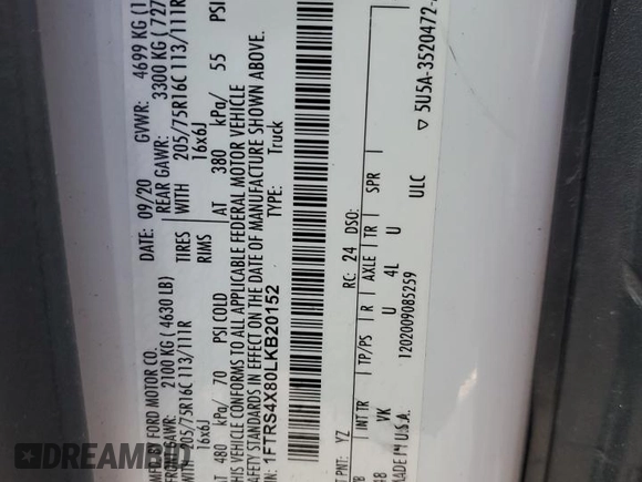 2020 Ford Transit with VIN 1FTRS4X80LKB20152, listed as a Copart auction lot 75804474 with Not Provided miles and Salvage Title. Bid and sale history available at DreamBid. Image 14.