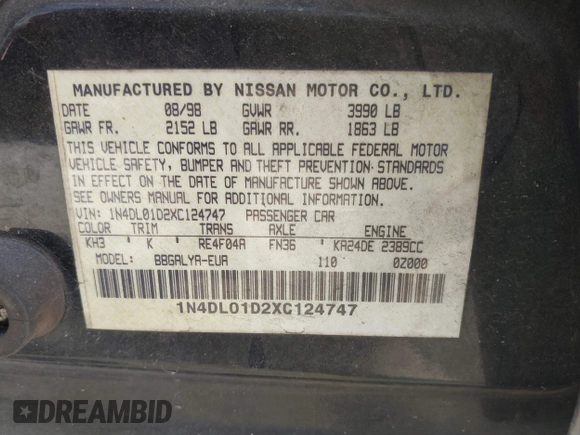 1999 Nissan Altima XE with VIN 1N4DL01D2XC124747, listed as a IAAI auction lot 41750853 with 110,221 mi miles. Bid and sale history available at carsss.com. Image 9.
