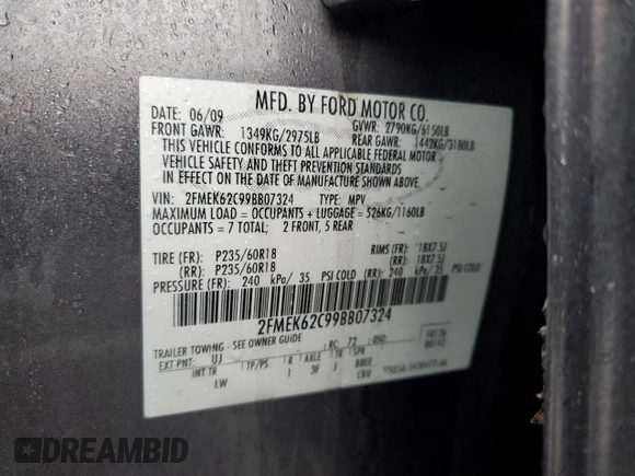 2009 Ford Flex SEL with VIN 2FMEK62C99BB07324, listed as a Copart auction lot 45214875 with 181,008 mi miles and Salvage Title. Bid and sale history available at carsss.com. Image 13.