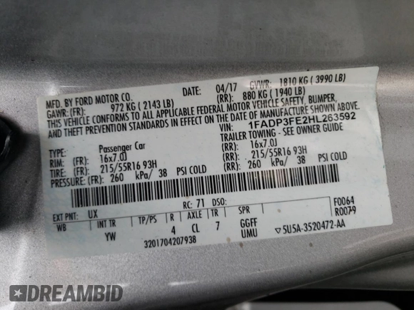 2017 Ford Focus SE with VIN 1FADP3FE2HL263592, listed as a Copart auction lot 65259845 with 74,413 mi miles and Clean title. Bid and sale history available at DreamBid. Image 12.